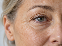 AI-generated educational illustration showing fine lines and crepey texture around a mature eye; not an actual client