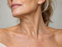 AI-generated educational illustration of mature neck and décolleté skin showing fine lines and crepey texture; not a client photo
