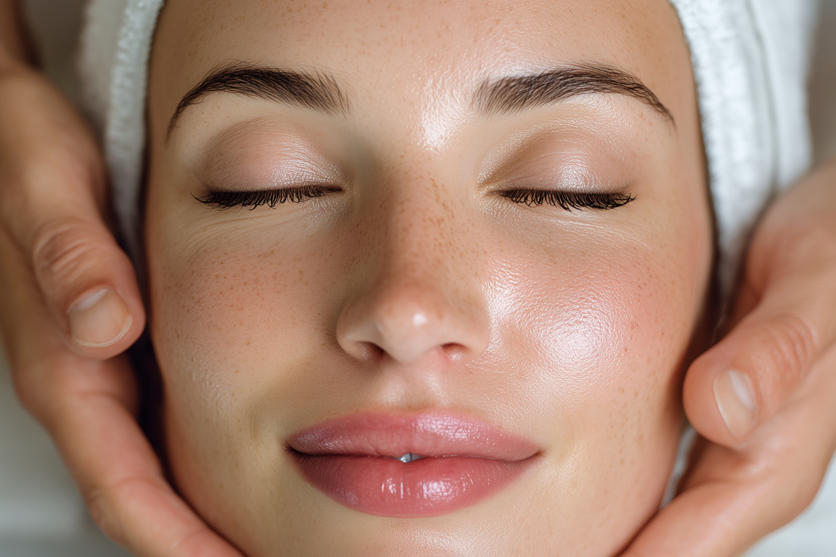 Esthetician gently massaging a client’s face during a facial